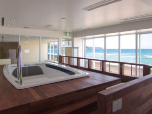 オーシャンビューを望む愛犬用アクアフィットネス施設とメルバウ無垢フローリングの施工例