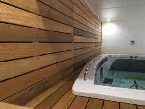 完成したリカバリープールの横に並ぶイタウバウッドデッキの壁面