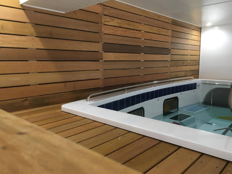 イタウバウッドデッキに囲まれたリカバリープールの全景