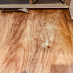 カビ痕の残る下地合板のクローズアップ写真