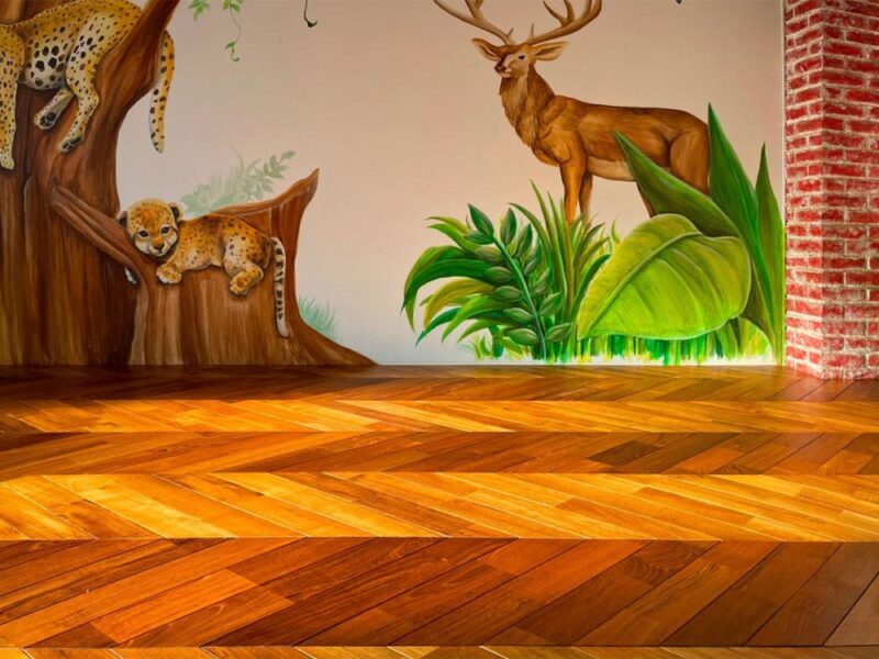 無垢フローリングの補修後に美しく仕上がったフレンチヘリンボーン