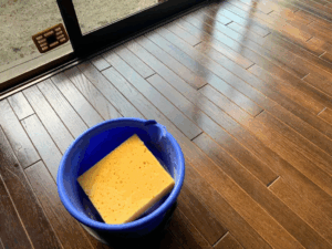 青いバケツとスポンジを使って無垢フローリングを洗浄する準備