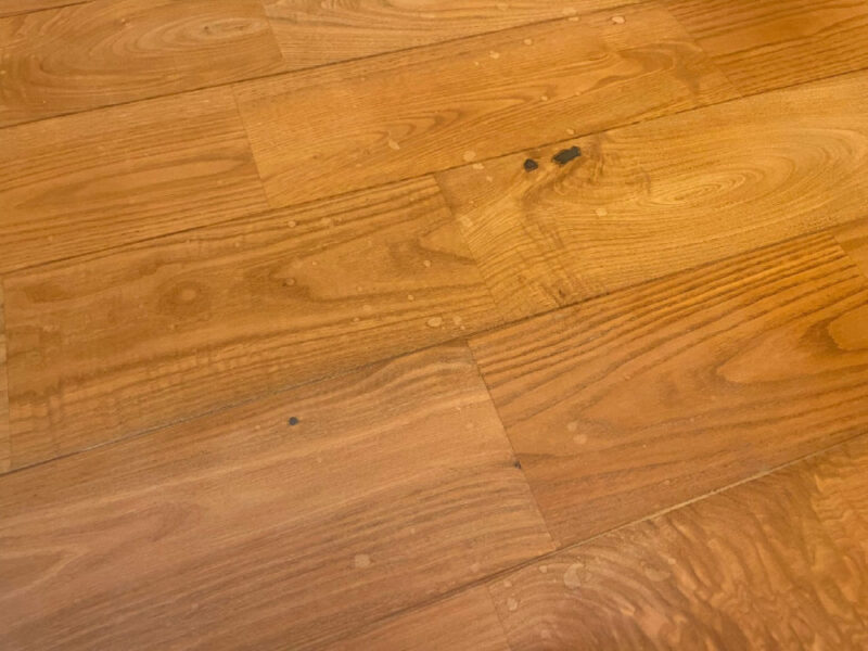 キッチン付近で水染みが発生したチェスナット（栗）無垢フローリングの状態。