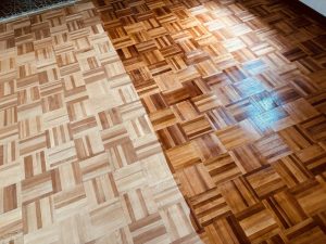 奈良県大和郡山市の古民家で再生されたアサダ市松パーケットフローリングの塗装前後比較