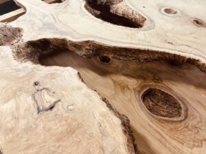 オリーブ無垢板の穴のクローズアップ。樹皮の名残と渦巻く木目が立体的に見える