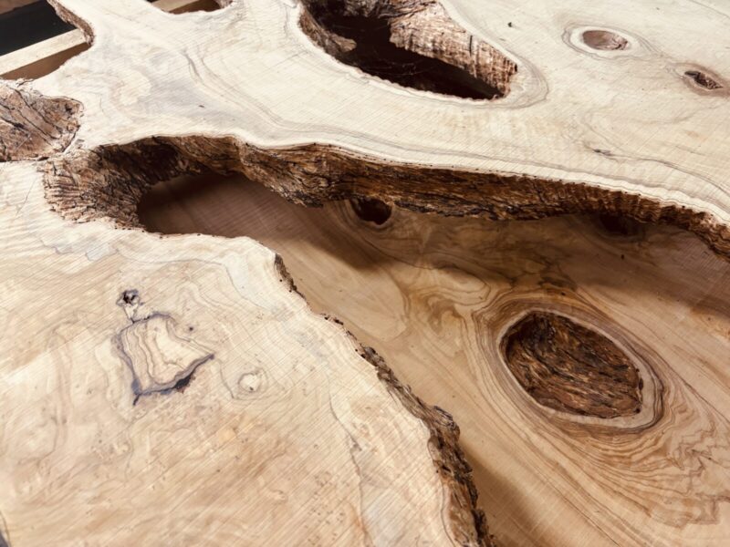 オリーブ無垢板の穴のクローズアップ。樹皮の名残と渦巻く木目が立体的に見える