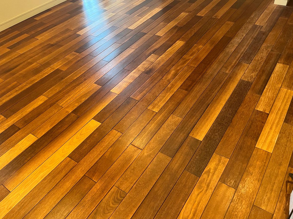 光を反射して艶やかに仕上がった花梨無垢フローリングのリビング全景