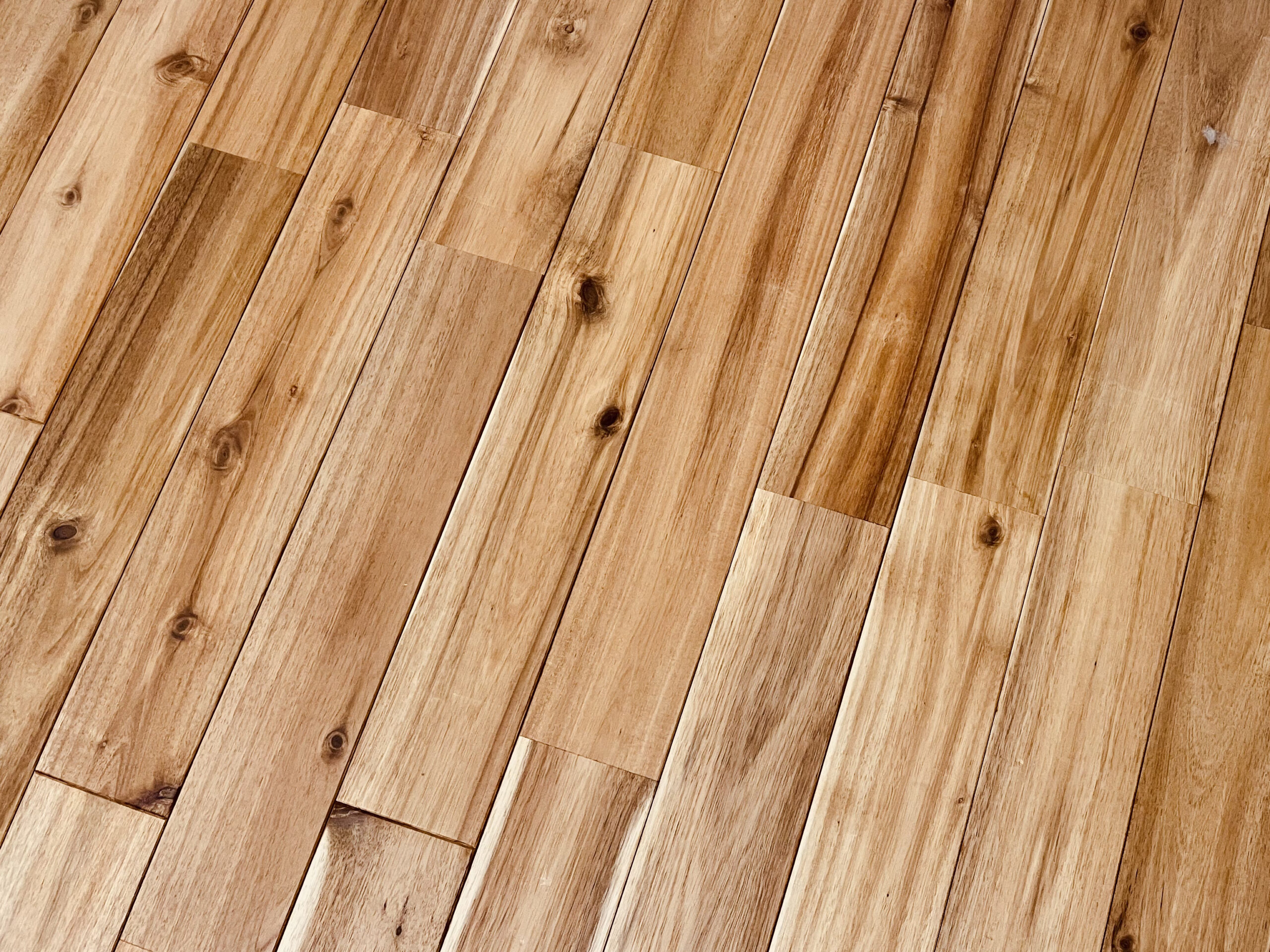 アカシア無垢フローリングの美しい木目と濃淡が映えるナチュラルな床材。節や白太を含む表情豊かな仕上がりが特徴。