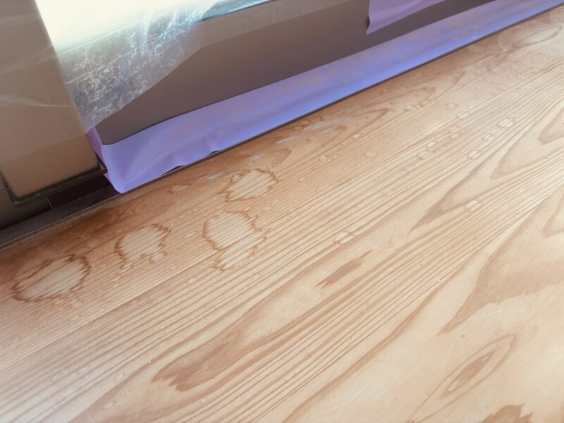 縁側の杉無垢フローリングに複数の輪じみと水じみが深く残っている様子。結露の影響で木目が白濁し、経年劣化が目立っている。