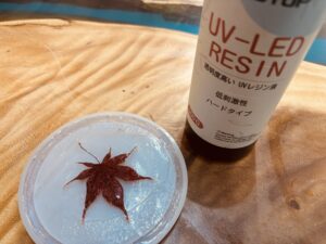 UVレジン液のボトルと、もみじを封入したシリコン型のコースターが並べられている様子。