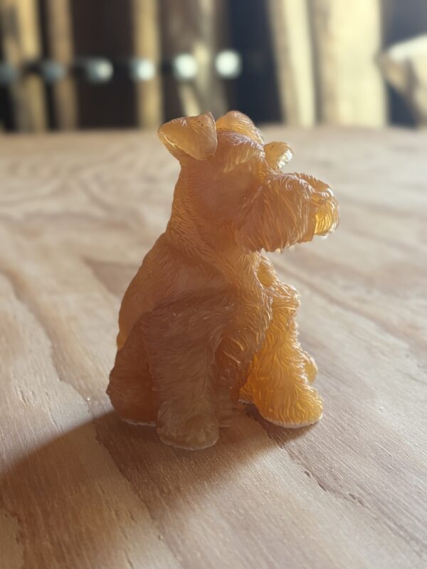 半透明のレジンで制作したシュナウザーの犬フィギュアを木目の美しい無垢板の上に置いた展示写真